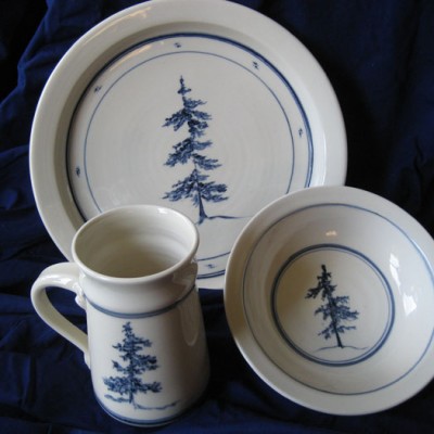 White porcelain plate, bowl and mug with brushwork white pines - Priya Harding