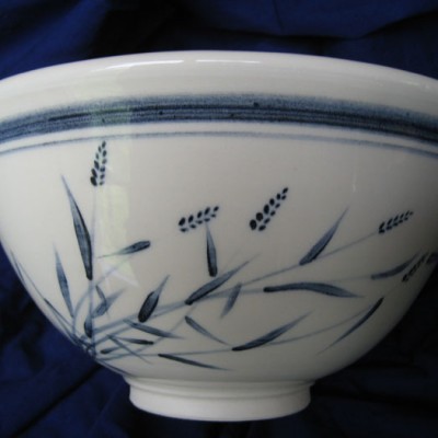 White porcelain bowl with blue brushwork grasses - Priya Harding