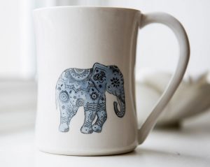 Tanya Couch white mug with blue elephant