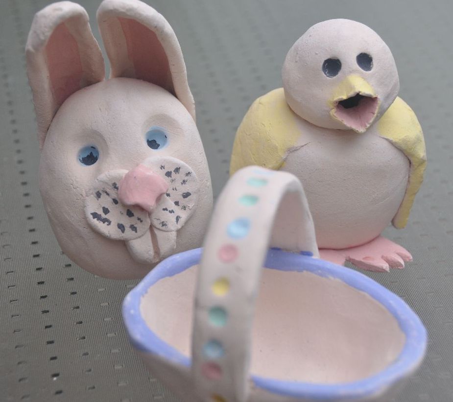 hand made pottery bunny, bird and basket examples