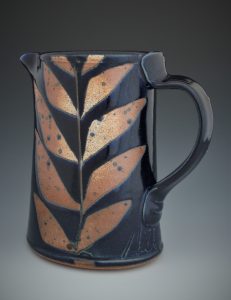 Blue milk jug with wax relief leaves, gas fired - Dan Hill
