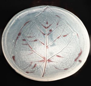 Light blue bowl with leaf impression - Ann Hobday