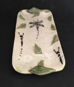 Long white tray with dragonflies and green leaves - Ann Hobday