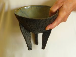 Tall 3 footed bowl in textured black and green - Darlynne Colmer
