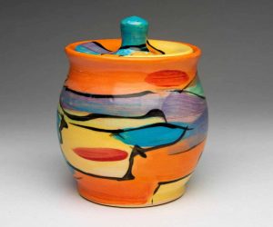 Bright, multi-coloured lidded jar - Teresa Dunlop