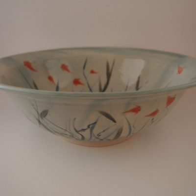 White porcelain bowl painted with goldfish and seaweed, glazed in a light green celedon glaze - Priya Harding