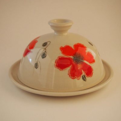 White porcelain butter dish painted with red poppies - Priya Harding