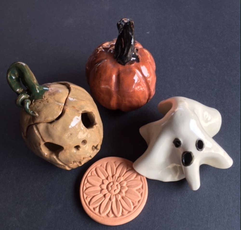 Pumpkin jar, pumpkin sculpture, ghost lantern and brown sugar keeper