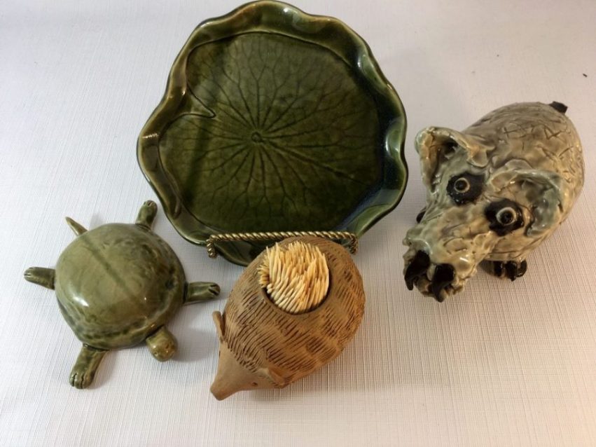 Examples of a leaf plate, sculpted critter, hedgehog toothpick holder and turtle