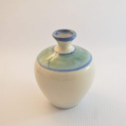 small white vase with blue and green banding at shoulder and lip - George Stewart