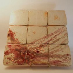Wall hanging made up of 9 mounted square tiles, glazed in splashes of red and taupe and wood fired - Ann Randeraad