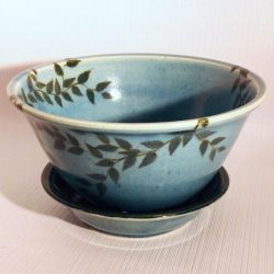 Berry bowl and tray painted with fine green leafed vines and glazed in teal - Jeanne Cook