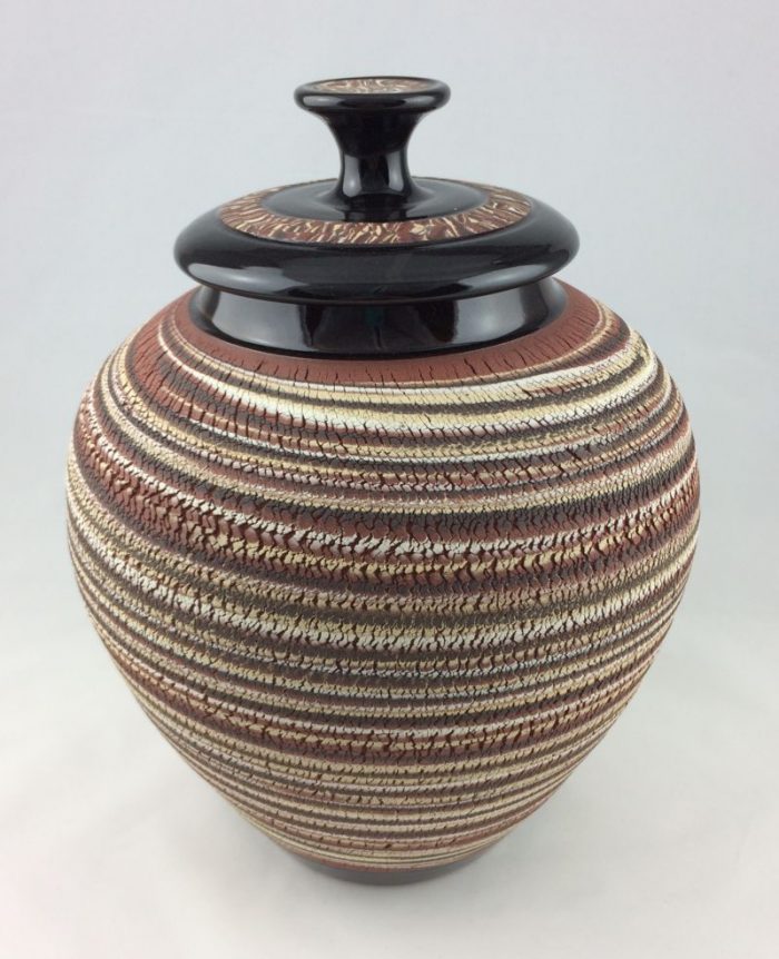 Agateware jar in red, white and black clays - Darlene Malcolm-Moran