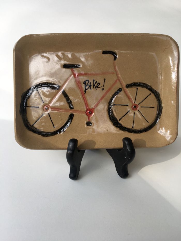 rectangular tray with carved and painted bicycle - Ann Hobday