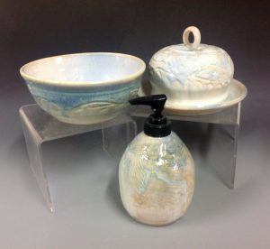 bowl, butter dish and soap dispenser in pearlescent blue and yellow glaze - Lillian Forester