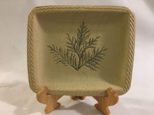hand built square plate with impressed and painted cedar leaves - Liz Sine