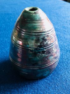 metallic green conical raku vase with spiral carving - JoAnne Connell-Northey