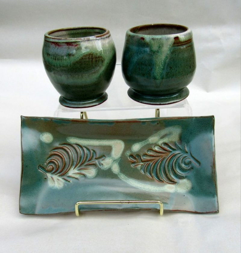 Two stemless green goblets and a matching leaf stamped rectangular hand built tray - Heather Brooks