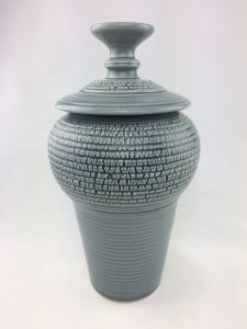 Large jar with unusual shape and lid, decorative exterior cracking of the clay and a translucent grey glaze - Darlene Malcolm-Moran