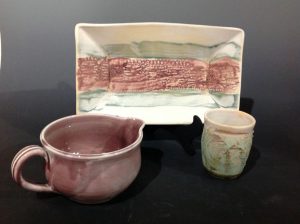 hand built tray, gravy boat and tumbler in pink and white glazes - Lillian Forester