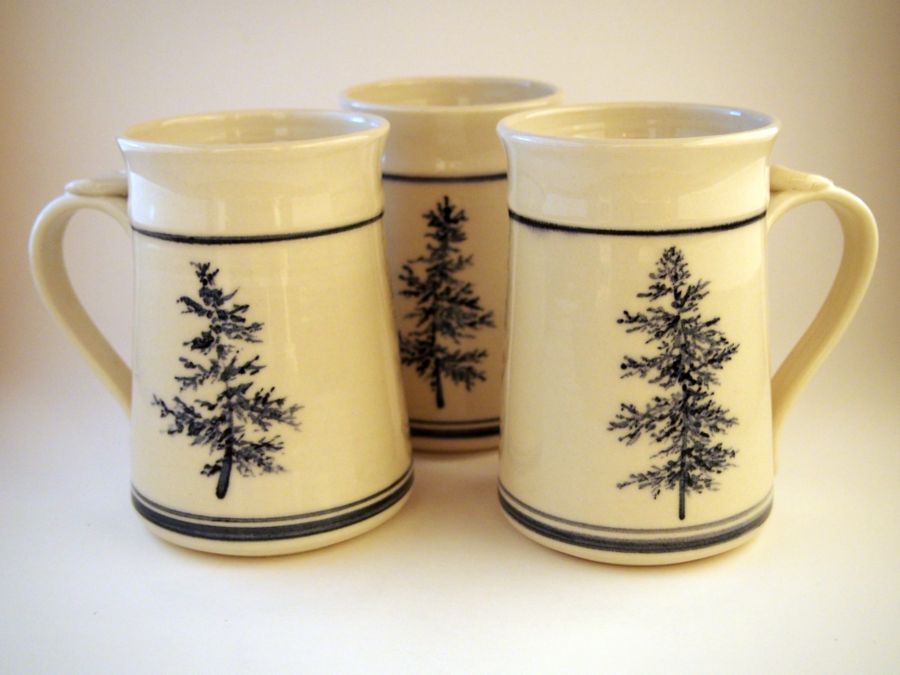 porcelain mugs hand painted with white pine trees in cobalt blue - Priya Harding