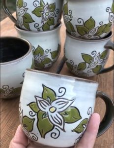 carved green and white trillium mugs - Cathy Allen