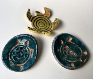 hand built turtle shaped and stamped dishes - Ann Hobday
