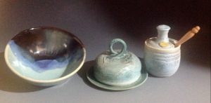 bowl, butter dish and honey pot in mixed blues, greens and black - Lillian Forester