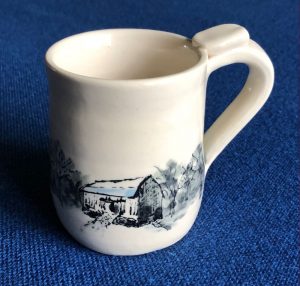 White mug painted with farm scenery - Joanne Connell Northey
