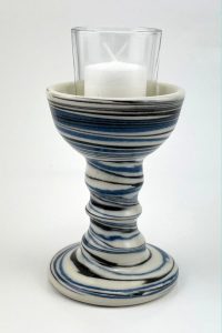 Blue, black and white marbled one piece candlestick with glass candle holder - Darlene Malcolm Moran
