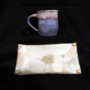 Blue and gray mug and white rectangular tray with flower imprint in centre - Heather Brooks