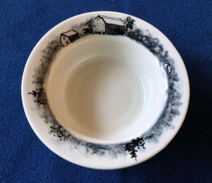 Deep white bowl with farm scenery painted in black and grey around the rim - Joanne Connell Northey