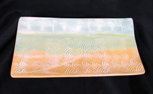 Handbuilt rectangular tray glazed in gold, blue and green - Heather Brooks