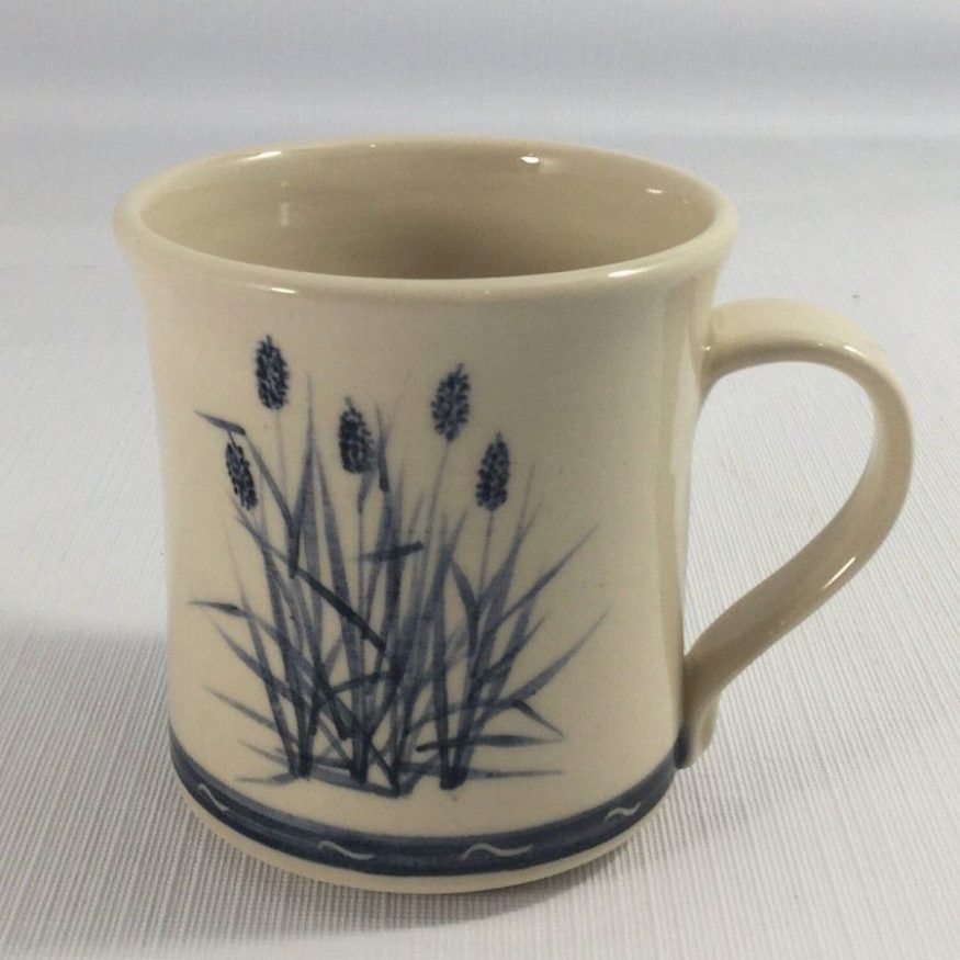 white porcelain mug with cobalt blue painted cattails - Priya Harding