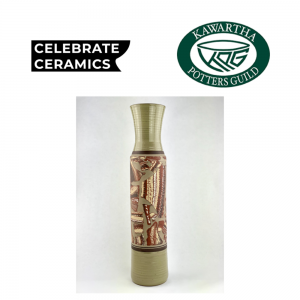 tall narrow vase with centre marbled section in white, red and black clays, top and bottom glazed in celedon green - Darlene Malcolm Moran