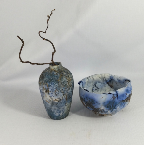 Raku fired blue, black and white vase and bowl - Allison Brannen