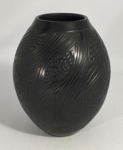Black polished pit fired vase - with angled leaf carving - Dan Ferguson