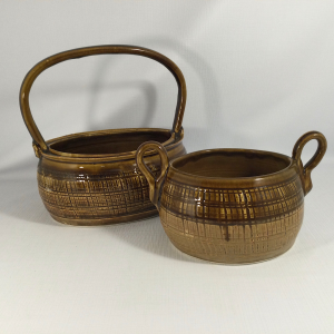 textured bowls to look like reed baskets with handles, in a light amber glaze - Heather Brooks