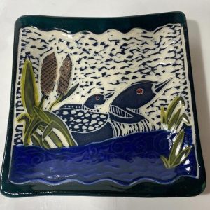 Square hand built tray with carved loon - Cathy Allen